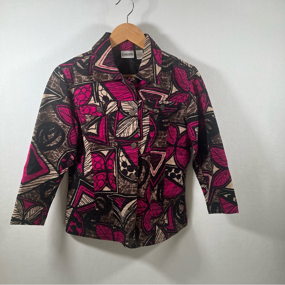 Chico's Women's Pink and Beige and Black Patterned Jacket Size 1 (Medium 8)